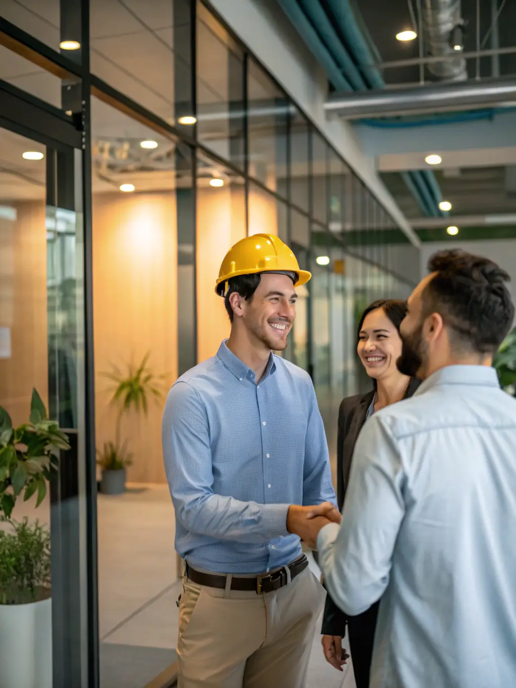 An image of a new engineer being welcomed into a corporate office, with colleagues offering support.