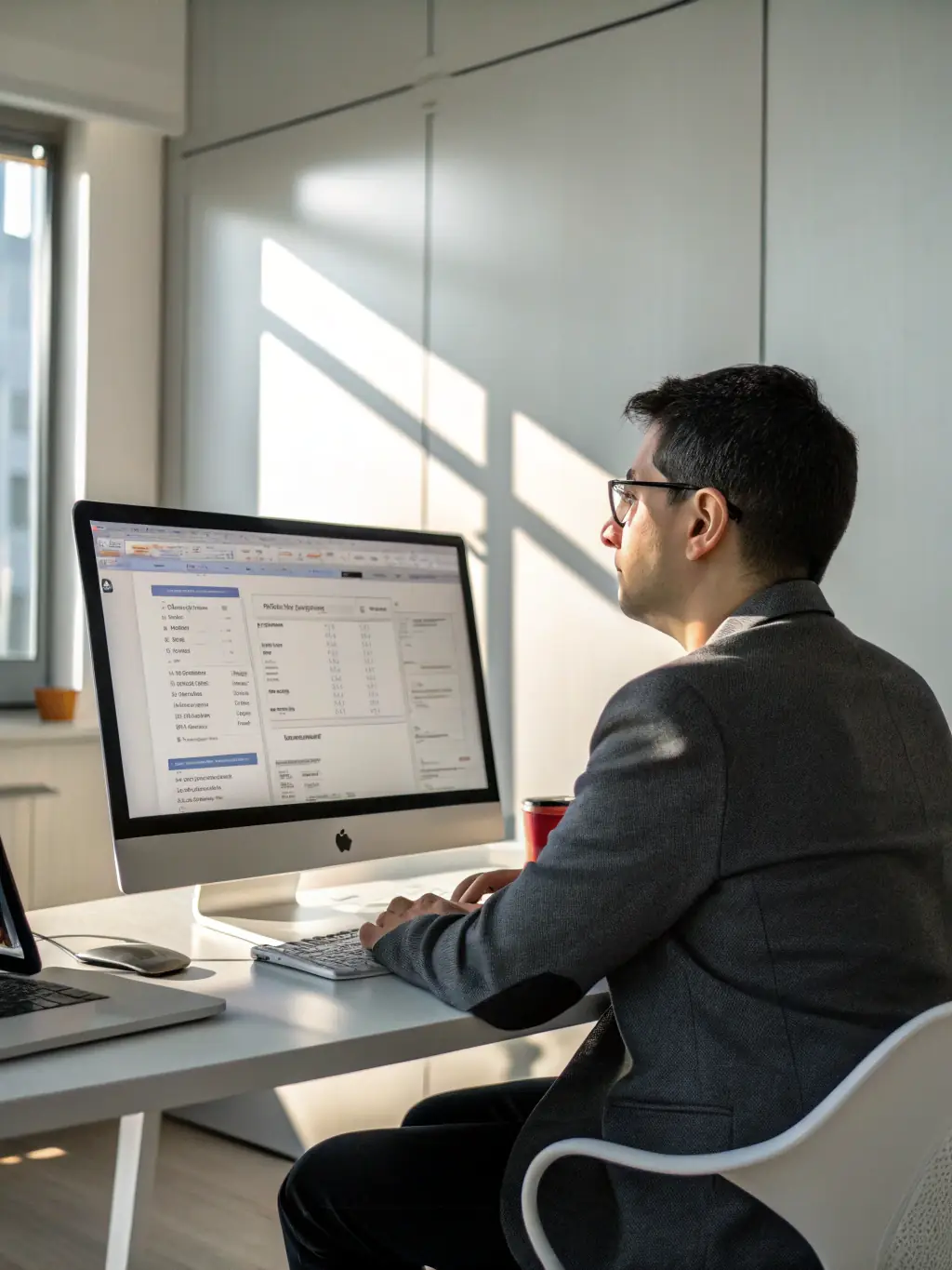 An image of a recruiter reviewing resumes on a computer screen with engineering profiles, in a modern office setting.
