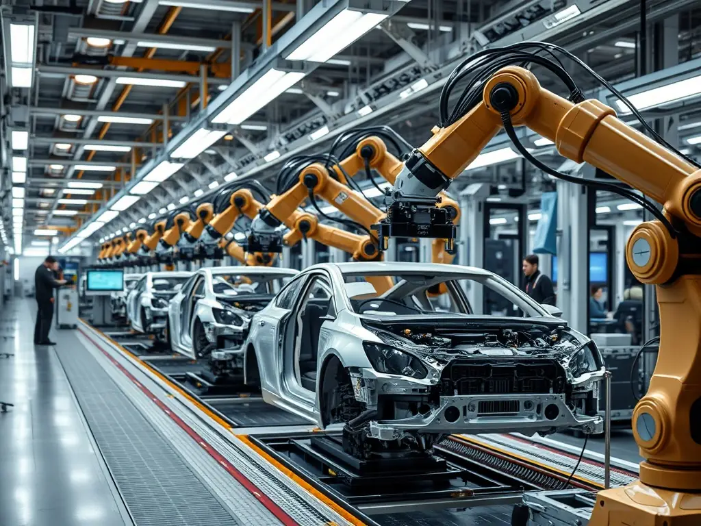 A modern automotive factory assembly line with robotic arms welding car chassis, showcasing advanced manufacturing technology and precision engineering.