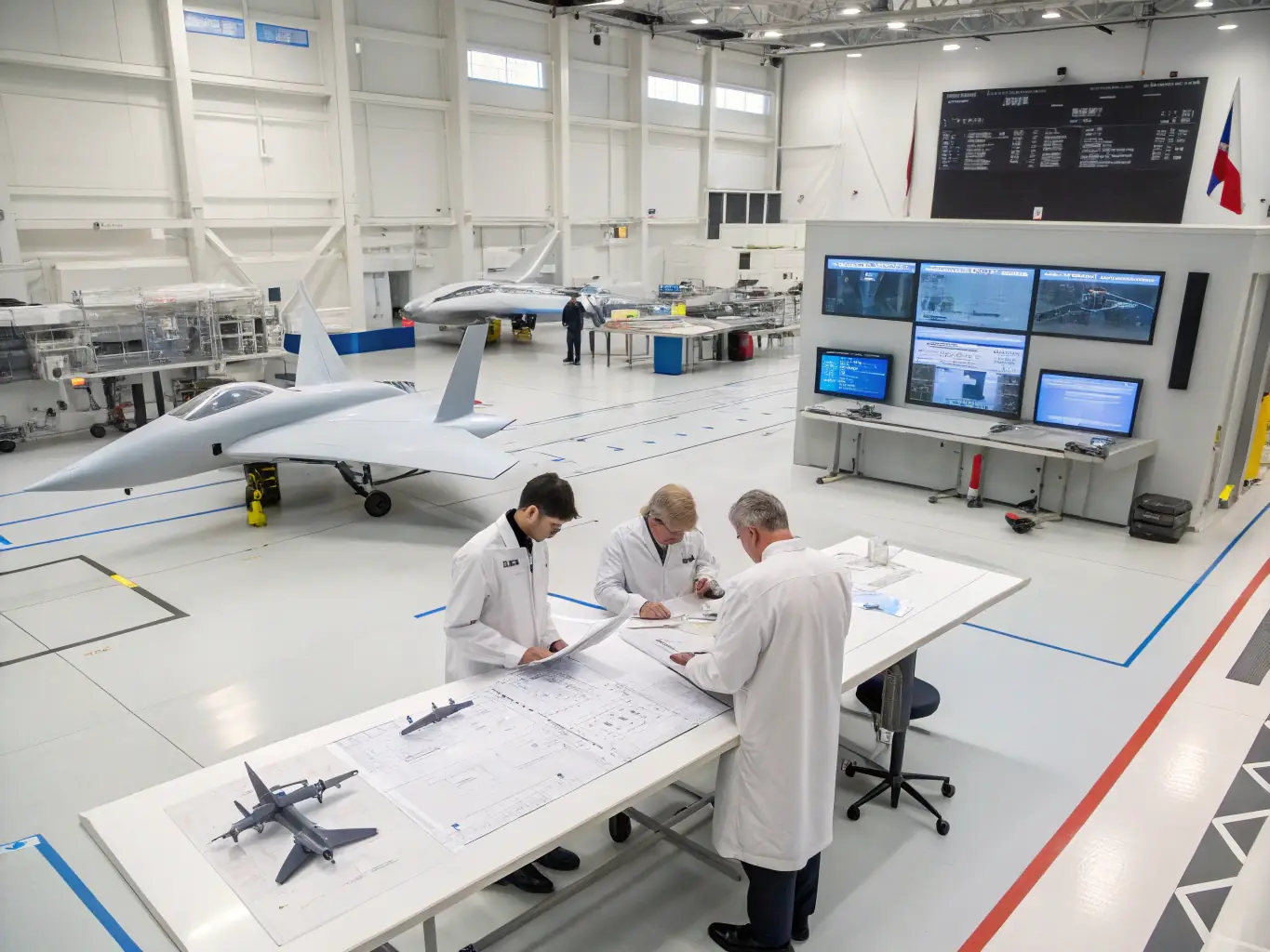 A high-tech aerospace engineering lab with engineers working on aircraft design and testing, highlighting innovation and precision in aerospace technology.