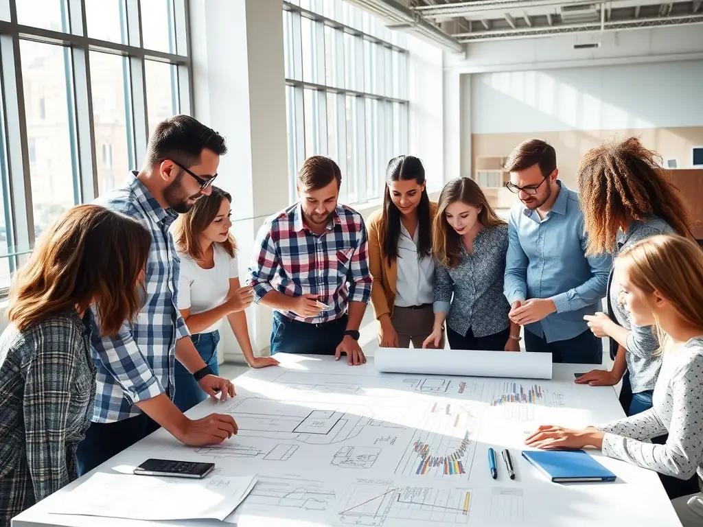 A modern technology company office with engineers collaborating on software development and hardware design, emphasizing innovation and teamwork.